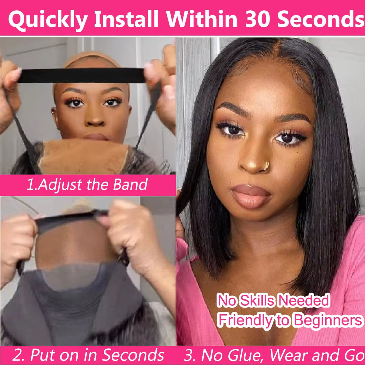 Wear and Go Glueless Wigs Human Hair Bob Straight Pre Cut Lace Front Wigs Human Hair Upgraded No Glue Lace Front Wigs for Women