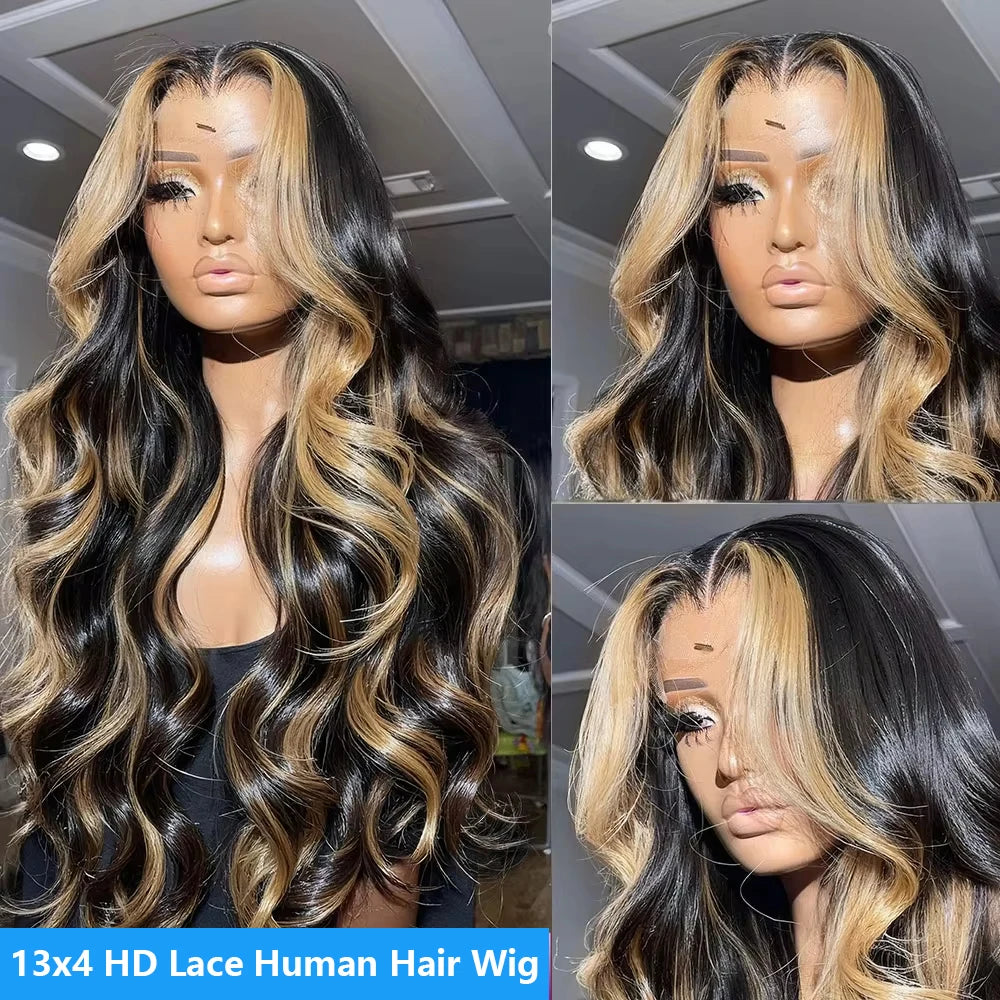 1B/27 Highlight Body Wave 13X4 Lace Frontal Wig Human Hair 200 Density Brazilian Ombre Blonde Colored Lace Front Human Hair Wigs